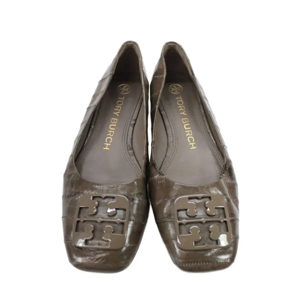Tory Burch Womens Leather Logo Striped Slip On Flats Brown Size 6.5